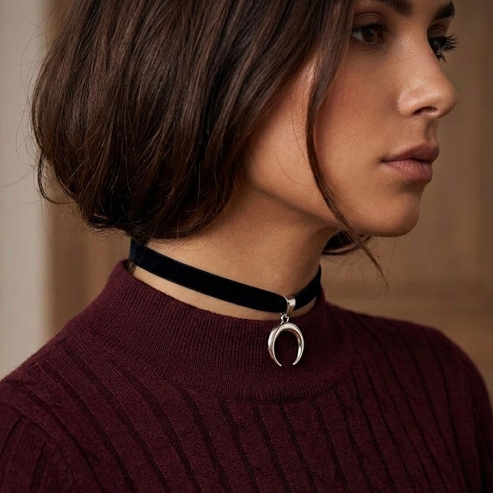 Velvet Moon Choker with Crescent Pendant